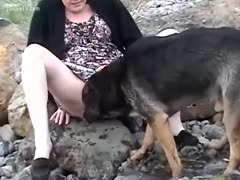 Mature blondie licked by her dog